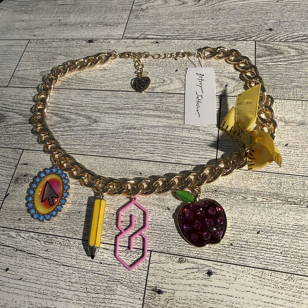 Betsey Johnson Back To School Supplies Statement Charm Necklace Multi Items New - Picture 2 of 6